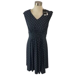 NWT DKNY Womens Navy‎ Polka Dot Ruched  Midi Dress Zip Back Size 8